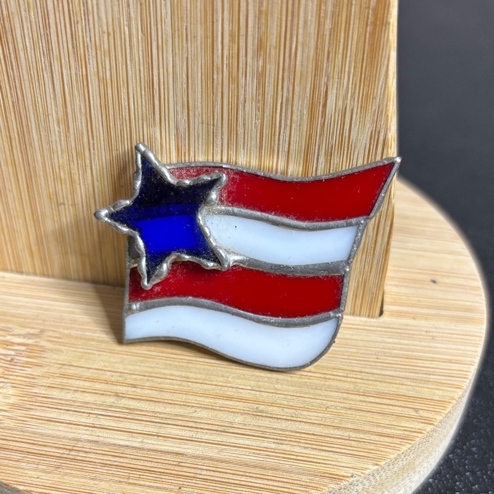 Vintage Stained Glass Patriotic Flag Pin Brooch with Star